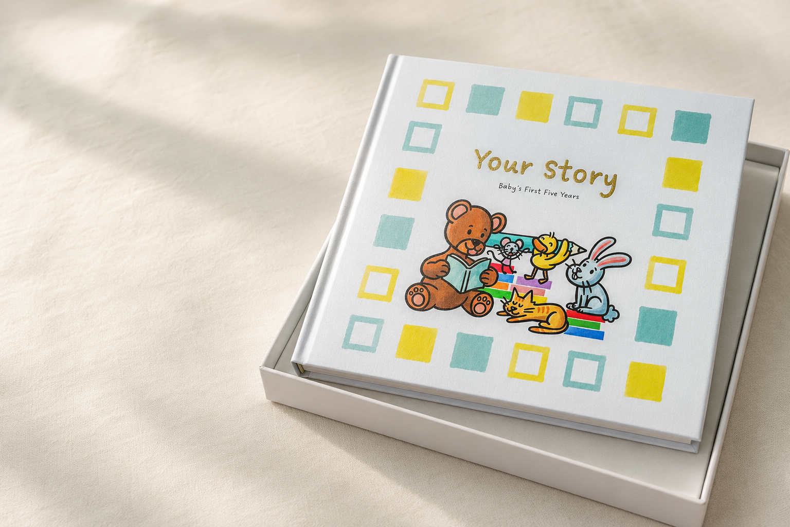 CLAENA Your Story baby memory book resting in its presentation box