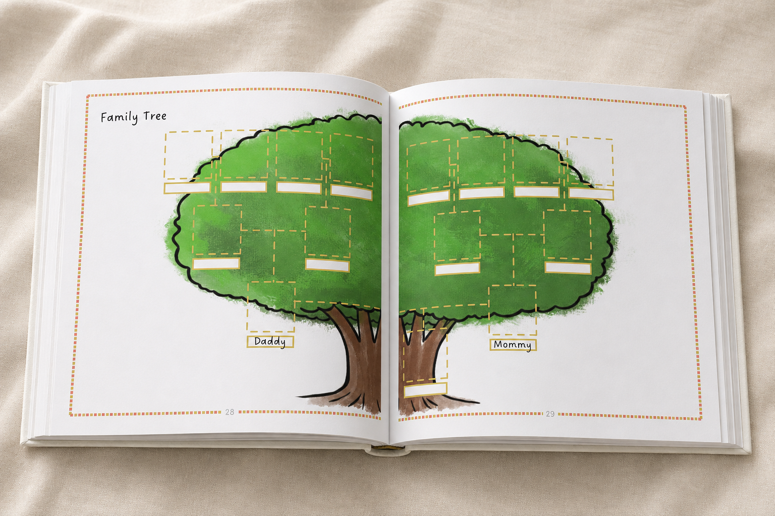 The Family Tree pages inside the CLAENA baby memory book